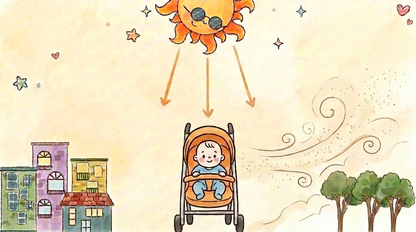ベビーカーの座面が高いと太陽の地熱・埃から赤ちゃんを守れる説明イラスト