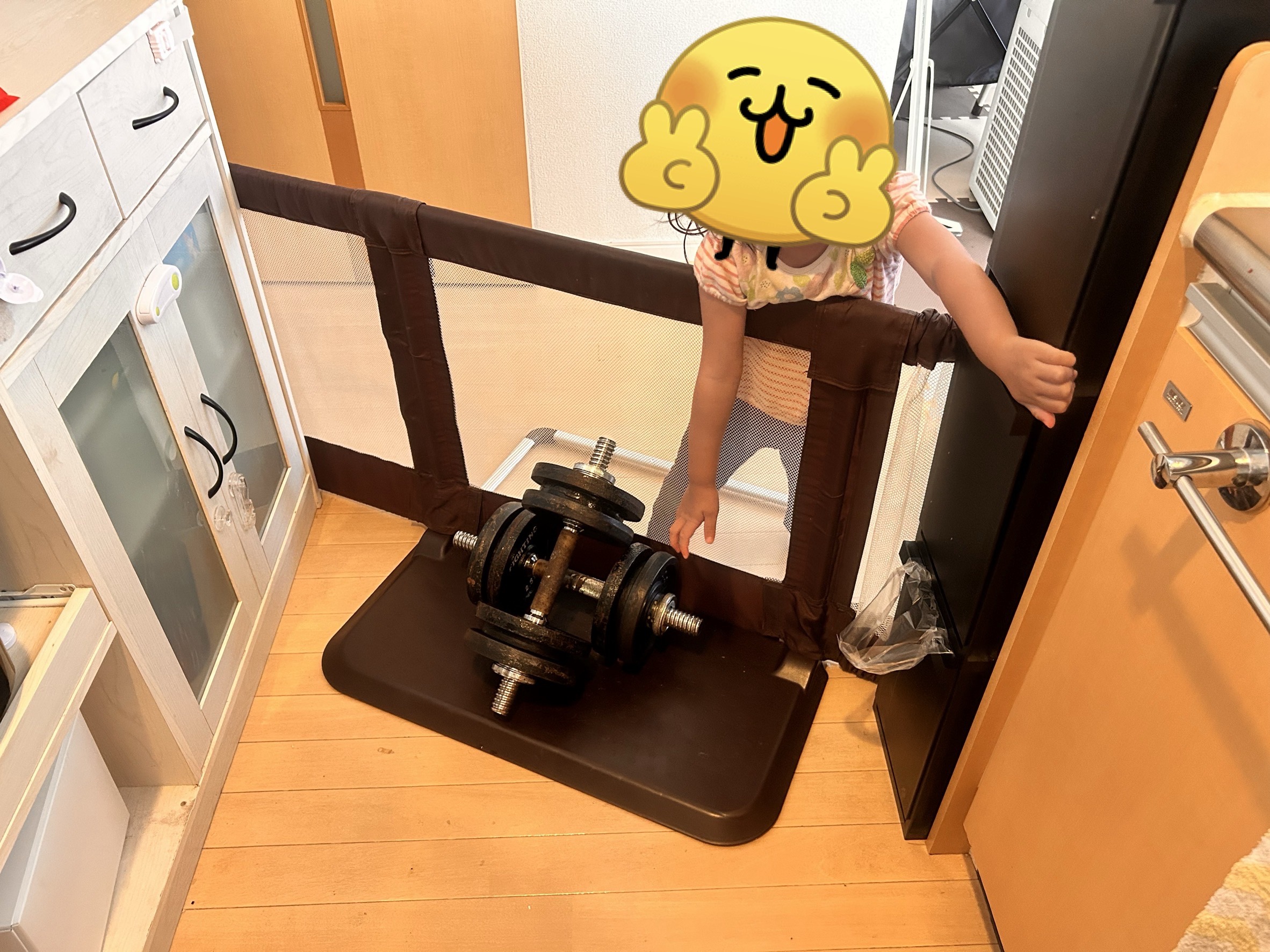 娘がベビーゲートを触っている。台座にダンベルが乗っている