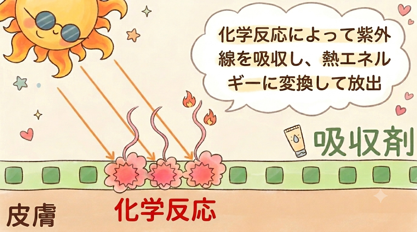 吸収剤（ケミカル）が紫外線を化学反応で熱に変換する仕組み図