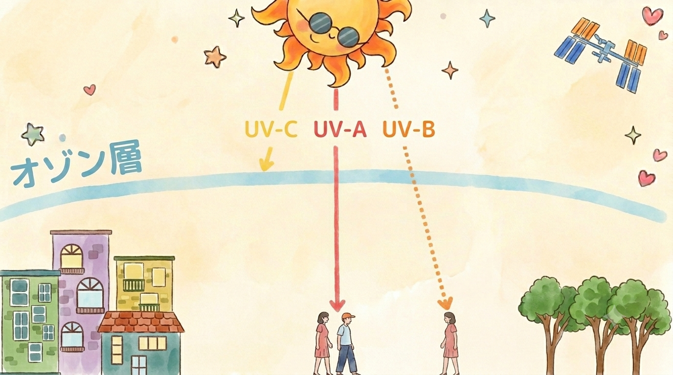 紫外線（UV-C・UV-A・UV-B）の種類と特徴の説明図