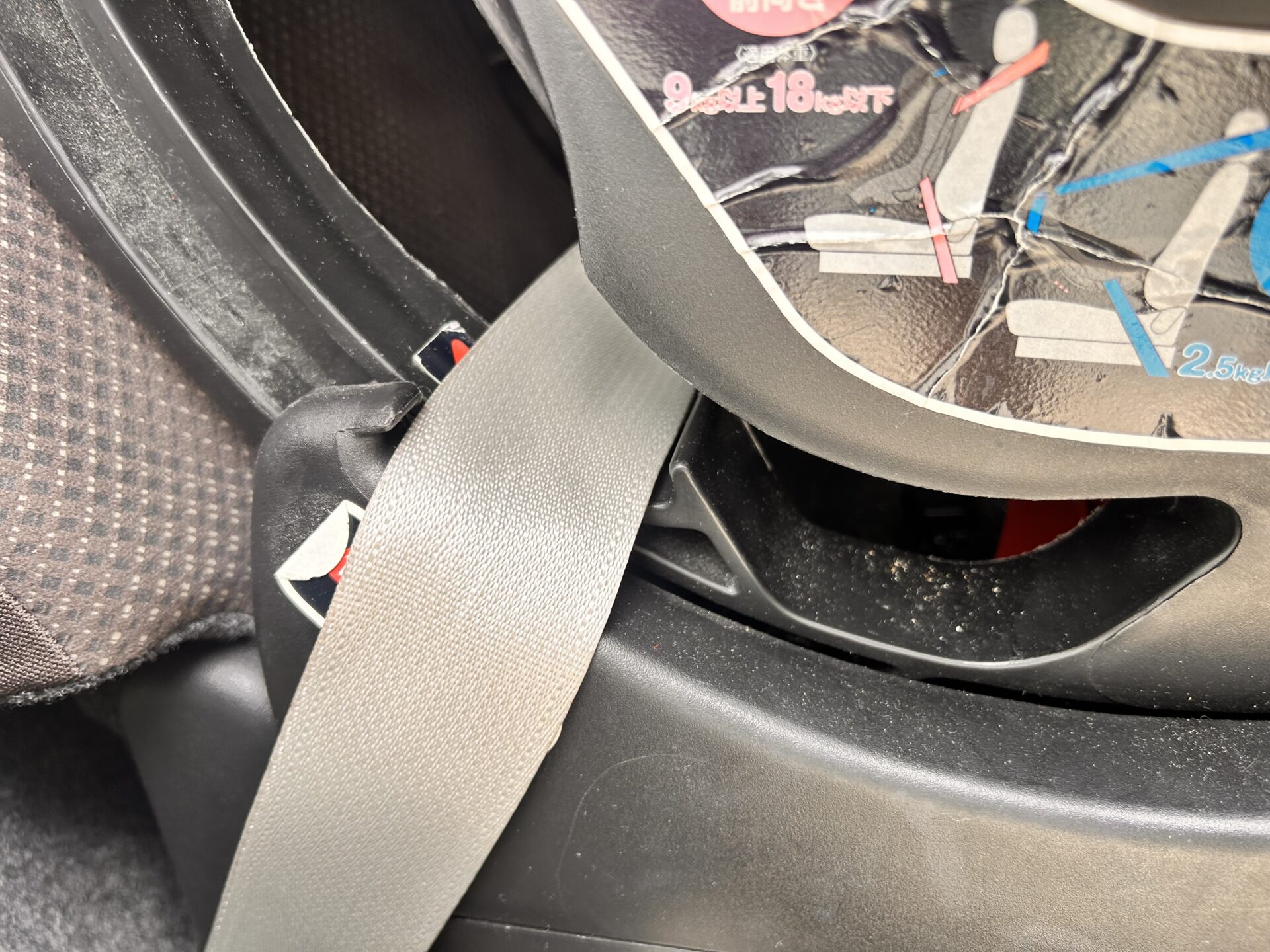 シートベルトを通す部分と耐荷重ラベル