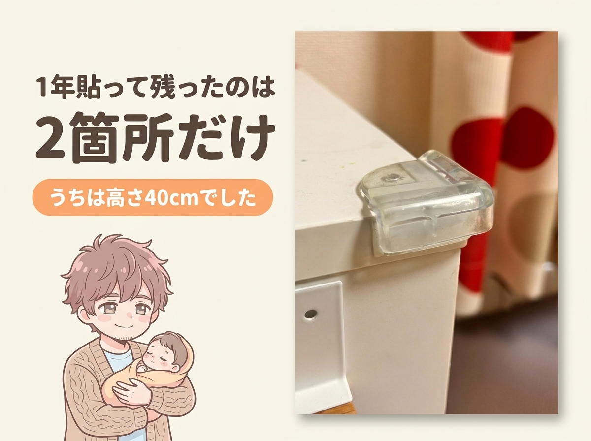 おもちゃ棚の角に1年以上貼っているシリコン型のコーナーガード