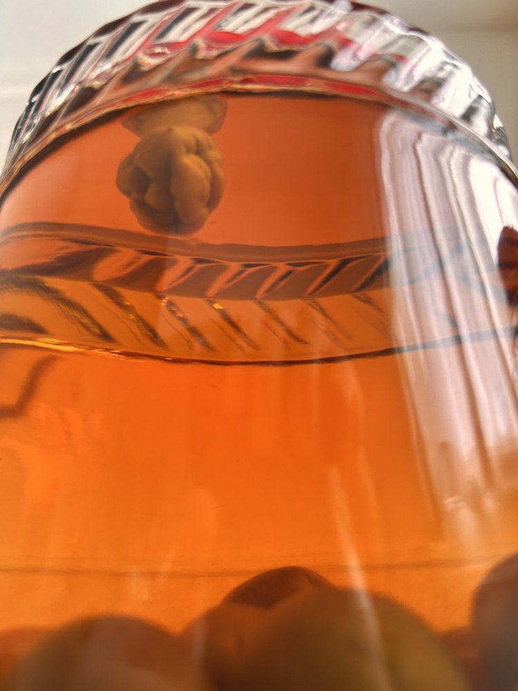 瓶の下から見上げた梅酒の液面。濁りや白い膜はなく澄んでいる