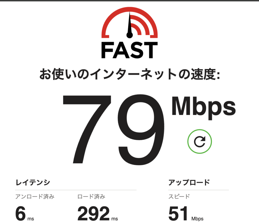 FAST.comの測定結果 2.4GHz 朝8時ごろ 下り79Mbps