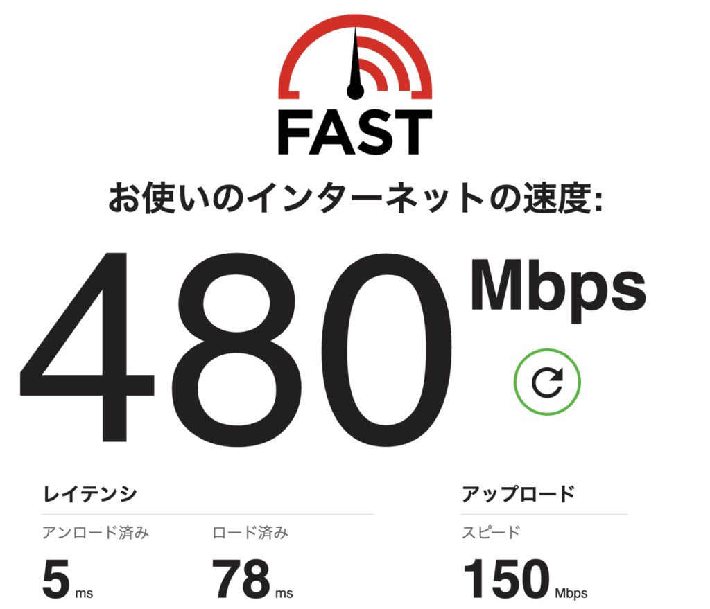 FAST.comの測定結果 5GHz 朝8時ごろ 下り480Mbps