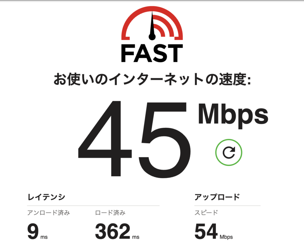 FAST.comの測定結果 2.4GHz 夜9時台 下り45Mbps
