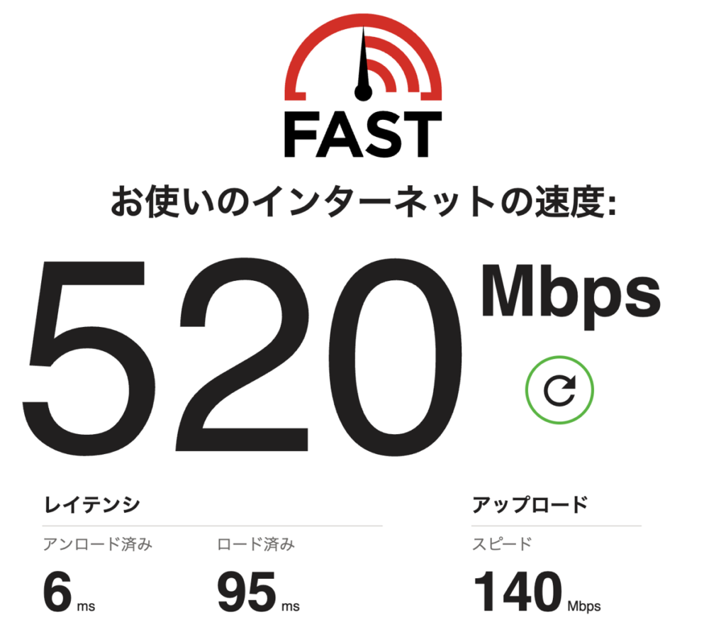 FAST.comの測定結果 5GHz 夜9時台 下り520Mbps
