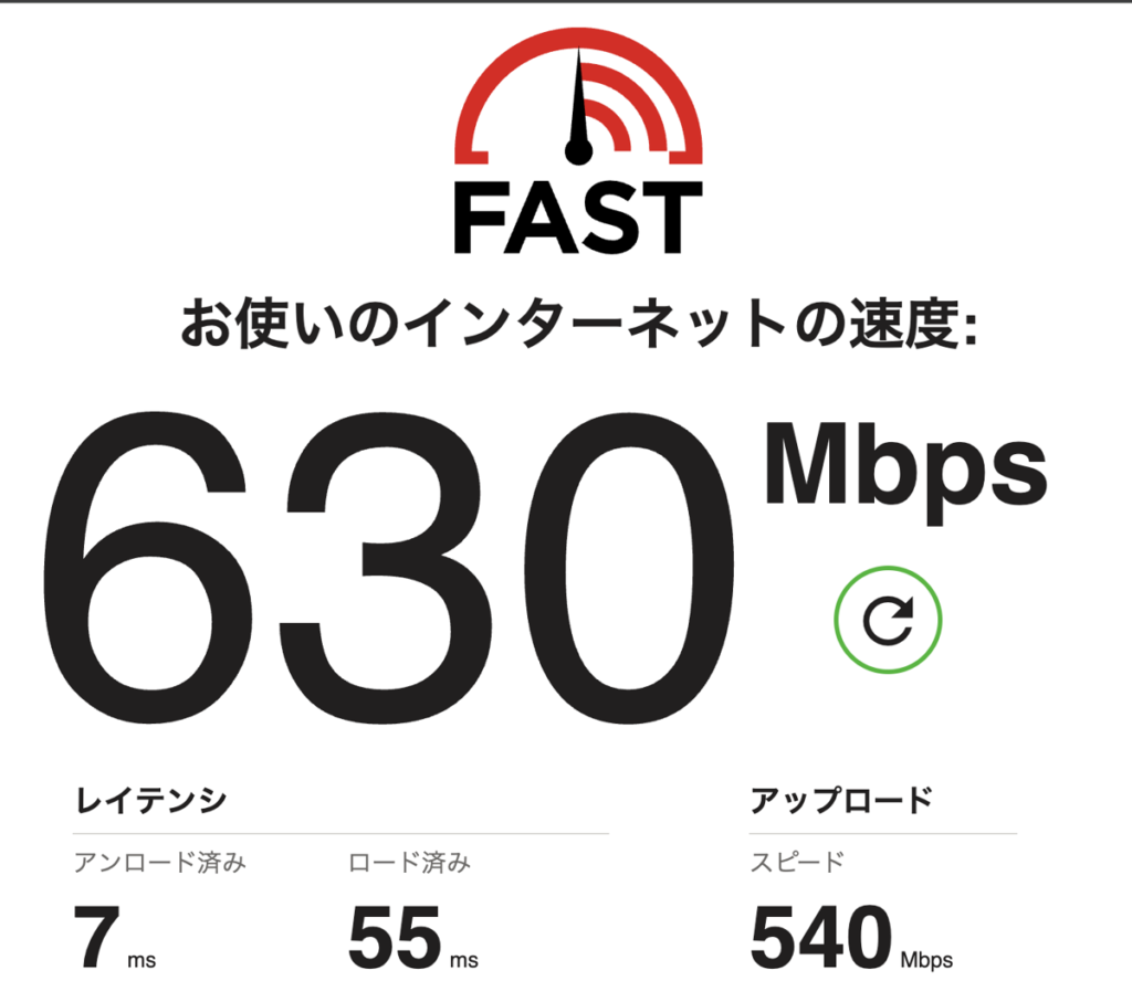 FAST.comの測定結果 5GHz 昼 電子レンジ使用中 下り630Mbps