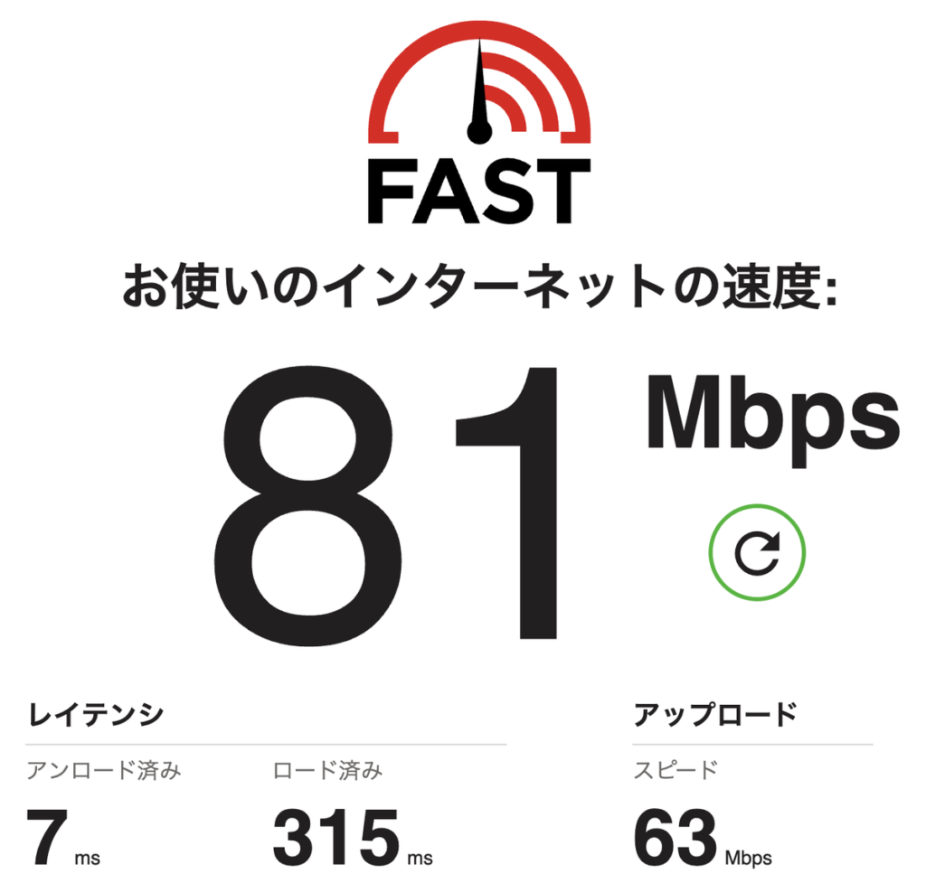 FAST.comの測定結果 2.4GHz 平日の夜8時台 下り81Mbps